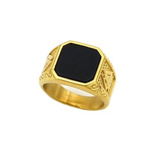 Vintage Viking signet ring in gold-tone steel with square black stone and rune engraving