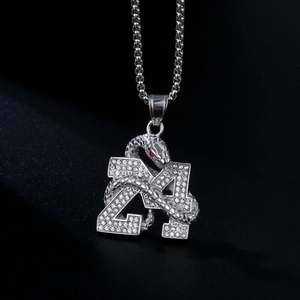 Hiphop gold plated titanium steel number 24 snake pendant necklace with white zircon