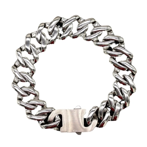 Industrial silver Cuban link chain bracelet with polished finish and logo buckle