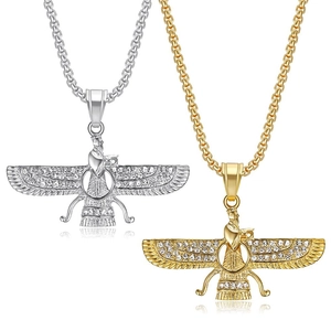 Pendentif Faravahar Perse Collier Hip Hop Acier Titane Plaqué Or Strass Incrusté Totem Bijoux pour Hommes Femmes