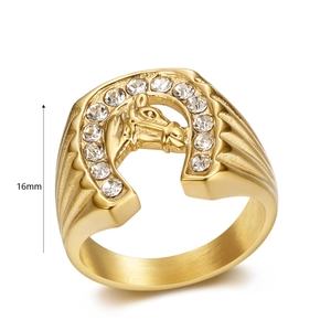 Macro detail of gold plated titanium steel horse head ring with diamonds and 16mm height