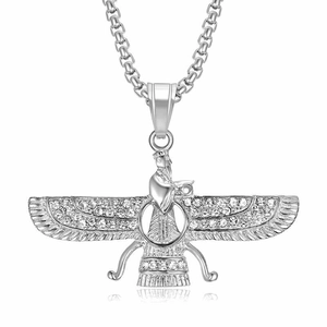 Silver Faravahar pendant necklace with clear crystals and durable box chain for men