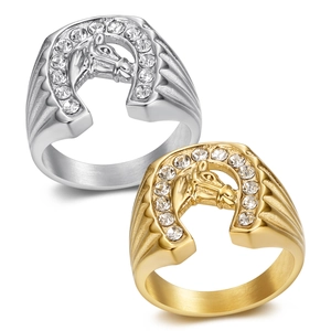Hip Hop Titanium Steel Horse Head Horseshoe Ring For Men Electroplated Rhinestone Inlaid Animal Finger Ring Jewelry Gift