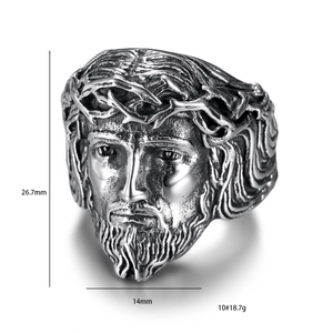 Vintage Jesus relief ring in silver titanium steel, religious jewelry for men, 26.7mm height