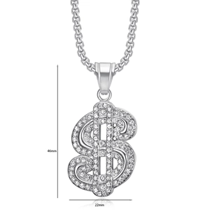 Collana hip hop con ciondolo a segno del dollaro in acciaio inossidabile e strass brillanti