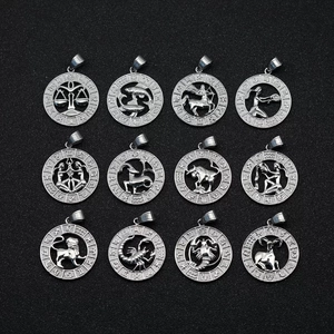 Set di 12 collane con ciondoli zodiacali vintage in acciaio argento con incisioni