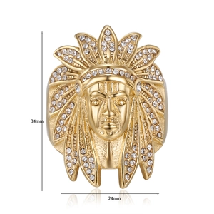 Bague chef indien en acier titane doré avec strass brillants pour homme chic
