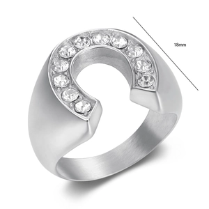Polished silver horseshoe ring with horseshoe-shaped diamonds inlay and 18mm diameter