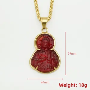 Collana con ciondolo San Giuda con catena dorata e rilievo in vetro rosso da 40 mm