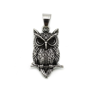Vintage stainless steel owl pendant necklace with intricate feather texture detail