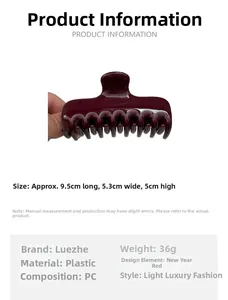 Macro view of burgundy PC hair claw clip with detailed product size and weight specs