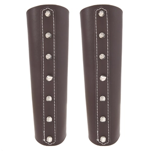 Dark brown leather punk wrist guards with silver spikes for motorcycle and cosplay