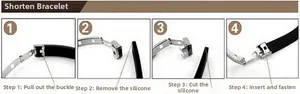 Detail guide showing how to cut and adjust the black silicone bracelet with metal buckle