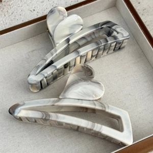 Set of two vintage acetate hair claws with black and white ink marble heart design