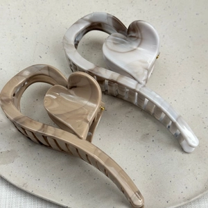 Large marble pattern heart claw clips in grey and brown acetate for women's hair styling