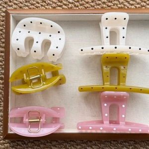Sweet polka dot hair claw clips set in cream, mustard green and soft pink colors