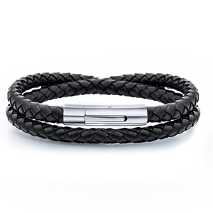 Men's Braided Leather Bracelet With Stainless Steel Clasp Double Wrap Minimalist Geometric Retro Handwoven Wristband Jewelry Gift