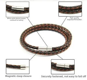 Bracciale multistrato in pelle intrecciata a mano per uomo e donna con chiusura magnetica