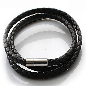 Handmade multilayer braided black leather bracelet with cylindrical silver magnetic clasp