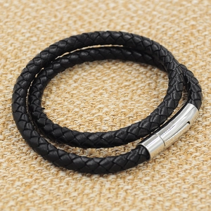 Men's double-wrap braided black leather bracelet with polished stainless steel clasp