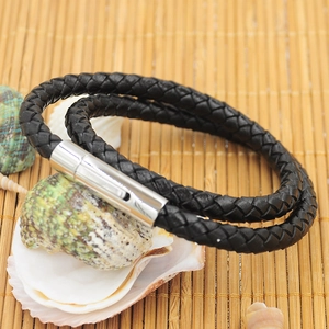 Men's double-layered black braided leather bracelet with silver stainless steel magnetic clasp