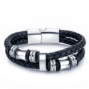 Men's black braided leather bracelet with silver metal charms and magnetic clasp