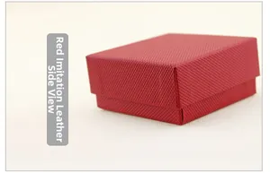 Side view of red faux leather gift box with textured cross-pattern for jewelry