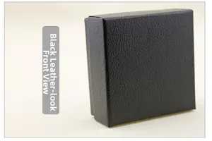 Front view of a minimalist black faux leather jewelry gift box with textured surface