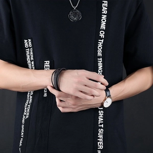 Men's multilayer black braided leather bracelet with stainless steel magnetic clasp