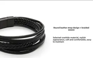 Detail of multi-layer braided cowhide leather bracelet with matte black magnetic clasp