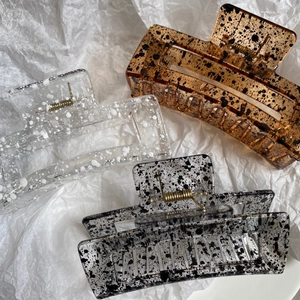 Three-piece set of large ink-patterned geometric hair claws with strong metal springs