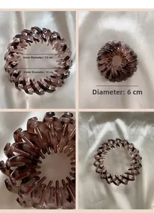 Brown tortoiseshell bird nest hair clip showing expanded and retracted sizes in four views