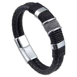 Bracelet en Cuir de Vachette Tressé en Acier Inoxydable Vintage pour Hommes Bracelet de Bijoux de Motard à Cordon à Double Rangée