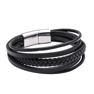 Men's Multi-layer Genuine Leather Braided Bracelet Stainless Steel Magnetic Clasp Vintage Punk Style Leather Wristband Jewelry