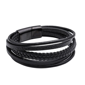 Men's multilayer black braided leather bracelet with magnetic stainless steel clasp