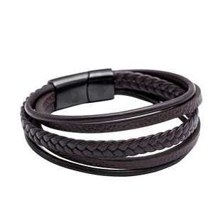 Men's multilayer braided leather bracelet with dark brown textures and black magnetic clasp