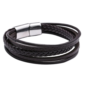 Multilayer men's brown braided leather bracelet with stainless steel magnetic clasp