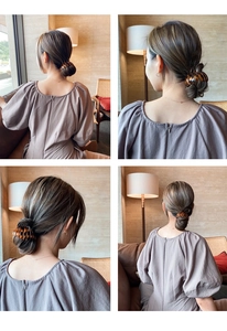 Detail shots of tortoiseshell birds nest hair clip showing bun styling and leopard texture
