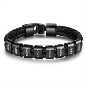 Geflochtenes schwarzes Lederarmband für Herren mit acht gravierten Metall-Namensperlen