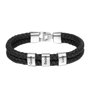 Zweilagiges geflochtenes Lederarmband für Herren mit gravierten Perlen aus Edelstahl in Silber