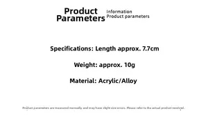 Size chart showing 7.7cm length, 10g weight, acrylic and alloy materials for the hair clip