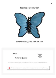 Detailed size view of a 7x8.5cm blue resin butterfly hair claw clip for women