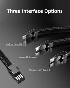 Detailansicht des 3-in-1 geflochtenen USB-Ladekabel-Armbands mit Metallanschlüssen