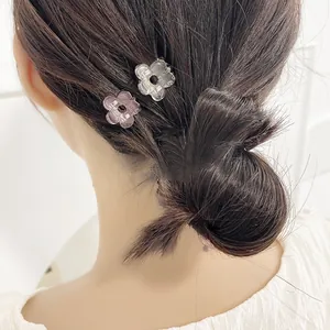 Gros plan de petites pinces à cheveux fleur transparentes et mauves sur un chignon