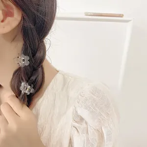 Gros plan de petites pinces à cheveux fleurie transparentes sur une tresse