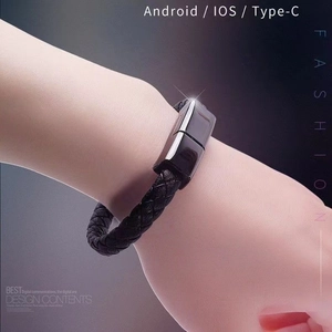 Pulsera de cable de carga de cuero trenzado compatible con Android, iOS y Type-C