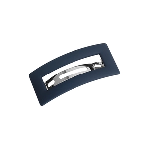 Minimalist matte navy blue rectangular hollow hair clip with silver spring metal mechanism