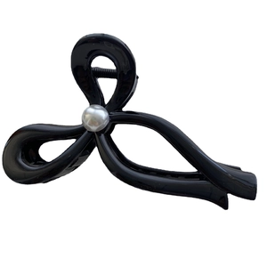 Elegant large black ribbon hair claw clip with pearl accent for stylish hair styling