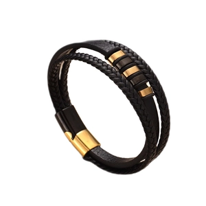 Bracelet multicouche en cuir tressé pour homme avec fermoir magnétique noir et doré