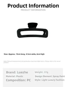 Detailed size chart showing 13cm large PC hair claw clip dimensions and product info